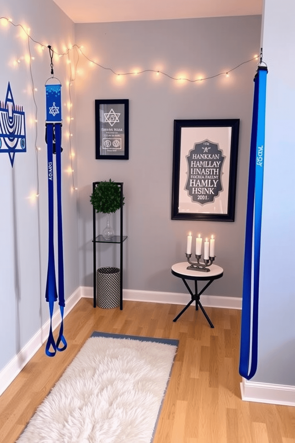 A festive home gym featuring Hanukkah-themed resistance band holders. The holders are designed with blue and silver colors, adorned with menorah and dreidel motifs, providing a joyful touch to the workout space. The walls are decorated with subtle Hanukkah decorations, including string lights and wall art depicting traditional symbols. A cozy corner includes a plush mat for yoga, complemented by a small table displaying a decorative menorah and candles.