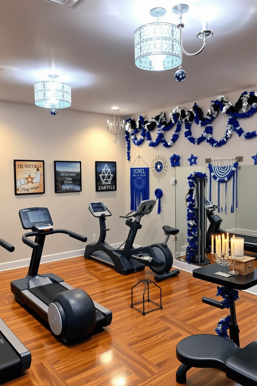 A stylish home gym featuring Menorah-themed light fixtures that cast a warm, inviting glow throughout the space. The walls are adorned with motivational artwork, and a mix of modern exercise equipment is neatly arranged on a polished wooden floor. For Hanukkah decorating ideas, the gym is accented with festive blue and silver decor, including garlands and wall hangings that celebrate the holiday spirit. A small table in the corner displays a beautifully arranged menorah, surrounded by candles ready for the celebration.