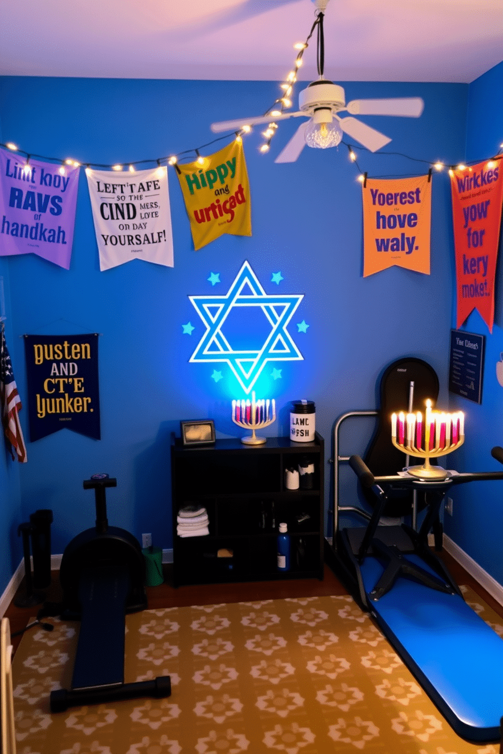 A cozy home gym adorned with Hanukkah decorations. The walls are painted a calming blue, and a large Star of David mural is featured prominently, surrounded by string lights that twinkle softly. Colorful banners with motivational quotes about perseverance and joy hang from the ceiling, adding a festive touch. A vibrant menorah sits on a shelf, illuminating the space with a warm glow, while exercise equipment is neatly arranged on a patterned rug.