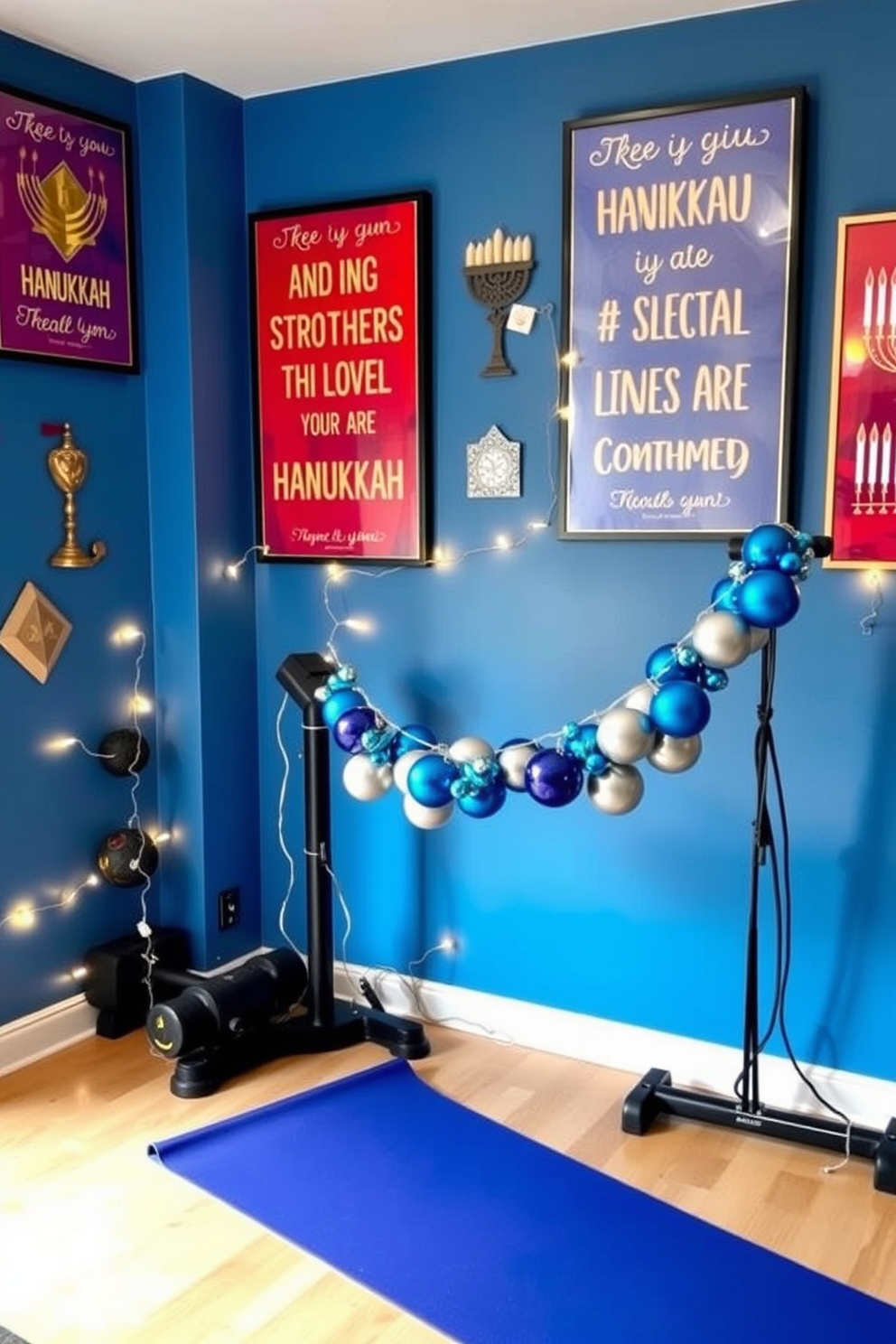 A cozy home gym adorned with Hanukkah-themed motivational posters. The walls are painted in a calming blue, featuring vibrant posters with uplifting messages in gold lettering, surrounded by decorative dreidels and menorahs. In one corner, a well-equipped workout area includes a yoga mat and weights, complemented by twinkling string lights that evoke the spirit of the holiday. A festive garland made of blue and silver ornaments drapes across the exercise equipment, adding a cheerful touch to the space.