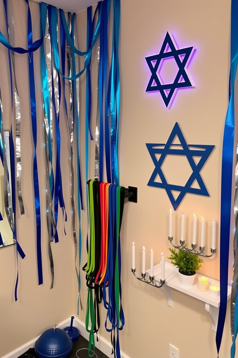 A vibrant home gym setting decorated for Hanukkah. The walls are adorned with blue and silver streamers, and a large Star of David is displayed prominently. In the center, a set of colorful resistance bands is neatly organized on a wall-mounted rack. A menorah sits on a nearby shelf, surrounded by festive candles and a small potted plant.