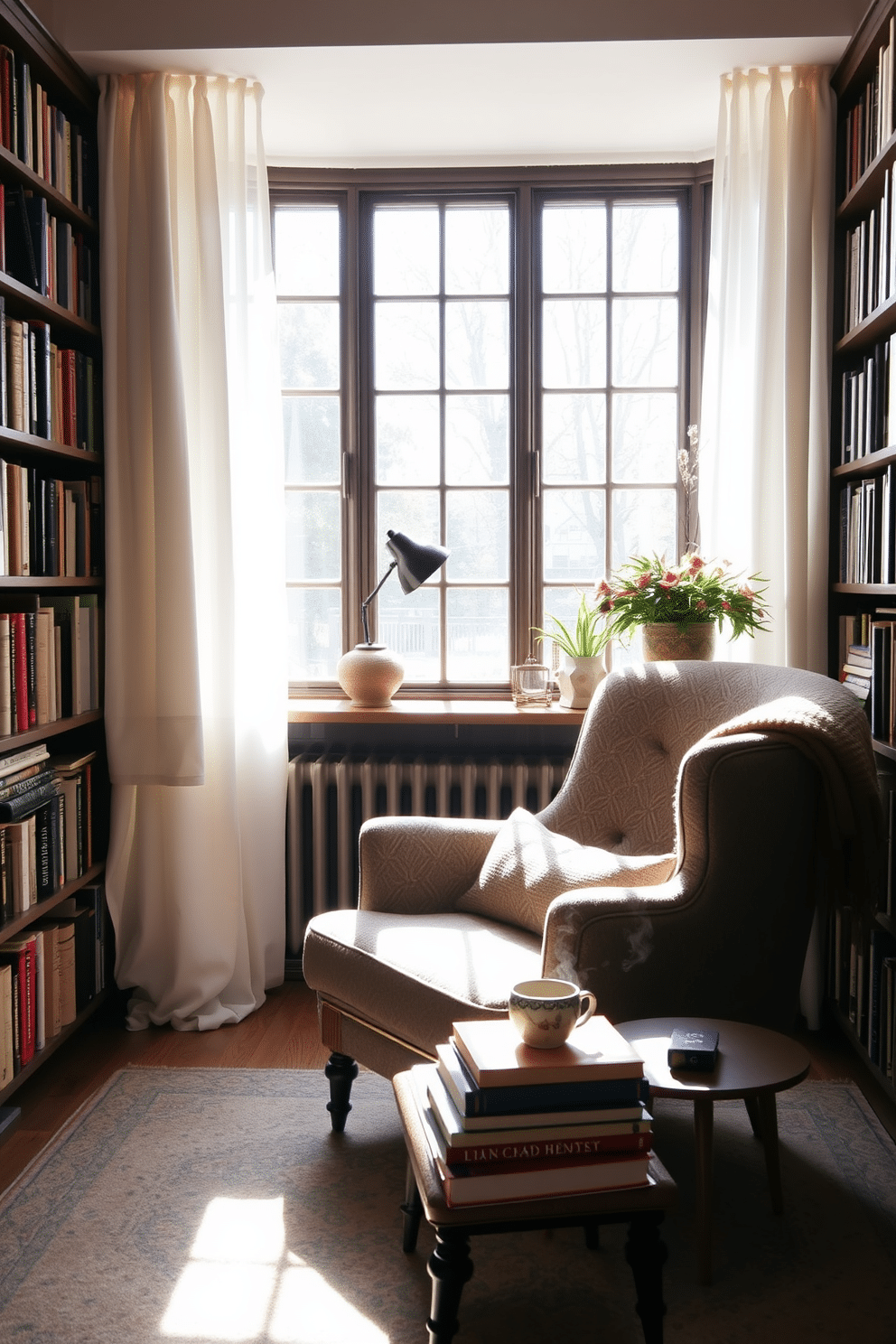 A cozy reading nook by the window features a plush armchair upholstered in a soft, textured fabric, complemented by a warm throw blanket draped over the side. Natural light floods the space through sheer curtains, illuminating a small side table holding a stack of books and a steaming cup of tea. The home library design incorporates floor-to-ceiling bookshelves filled with an eclectic mix of books and decorative objects. A comfortable reading chair is positioned near a large window, creating an inviting atmosphere for quiet contemplation and leisurely reading.