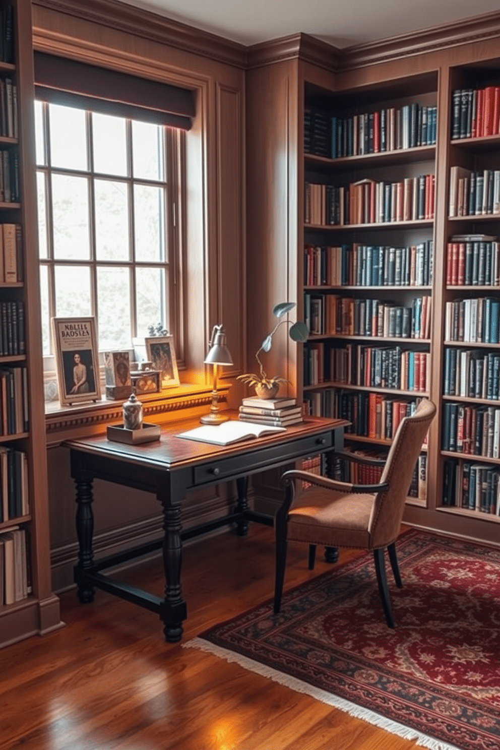 A cozy home library featuring a small writing desk made of dark wood, positioned by a window that allows natural light to flood the space. The walls are lined with bookshelves filled with an array of books, and a plush armchair sits nearby, inviting relaxation and reading. The desk is adorned with a vintage lamp, a stack of books, and a decorative plant, creating an inspiring workspace. Soft, warm lighting enhances the inviting atmosphere, while a rich area rug adds texture to the wooden floor.