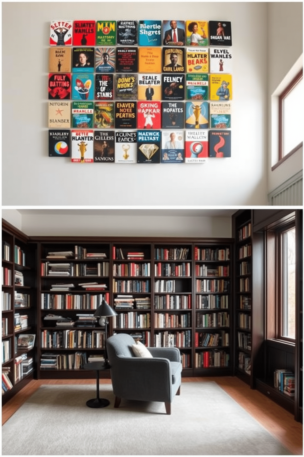 A gallery wall featuring an eclectic mix of book covers in vibrant colors, arranged in a creative pattern that draws the eye. The wall is complemented by a cozy reading nook with a plush armchair and a small side table, inviting readers to explore the literary treasures displayed. The home library is designed with dark wood bookshelves that reach from floor to ceiling, filled with an extensive collection of books. Soft, ambient lighting illuminates the space, while a large window allows natural light to filter in, creating a warm and inviting atmosphere for reading and relaxation.