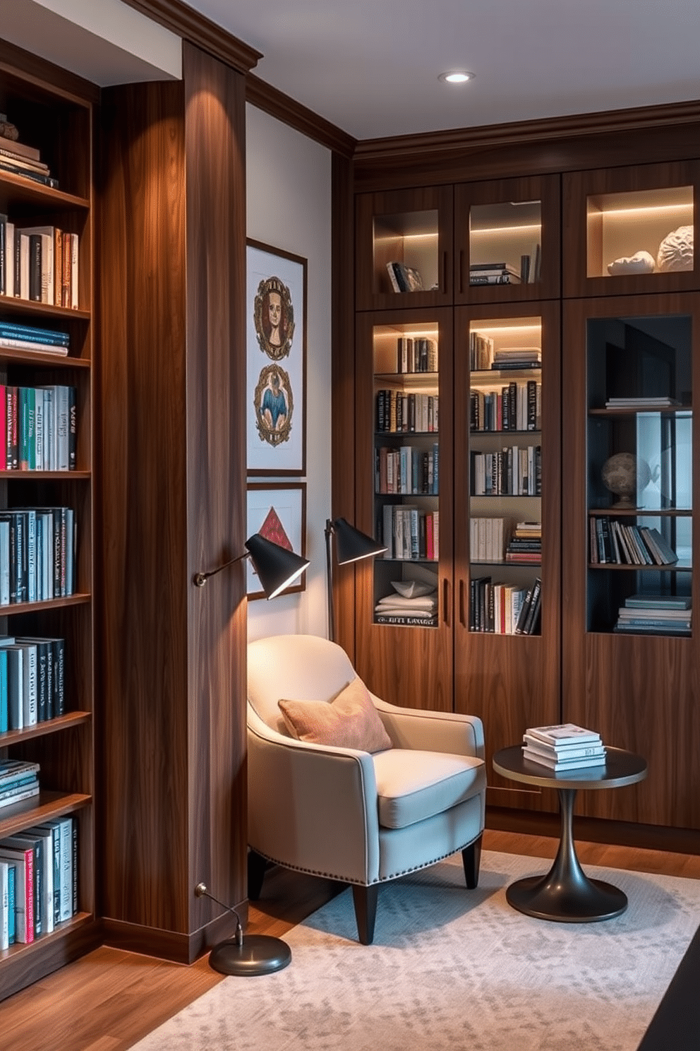 A cozy home library featuring a blend of open and closed storage solutions. One side showcases floor-to-ceiling bookshelves with a rich walnut finish, filled with an array of books and decorative items, while the opposite wall features a sleek, closed cabinet with glass doors to display rare editions. A comfortable reading nook is nestled in the corner, adorned with a plush armchair and a small side table. Soft, ambient lighting from a stylish floor lamp creates a warm atmosphere, inviting you to unwind with a good book.