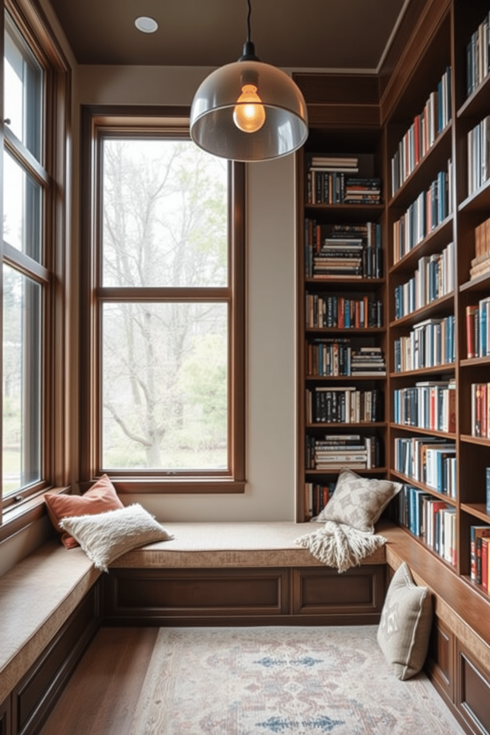 A cozy home library features integrated seating beneath the large window sills, adorned with plush cushions and soft throws for comfort. The shelves are filled with an eclectic mix of books, and a warm, ambient light fixture hangs above, creating an inviting reading nook.