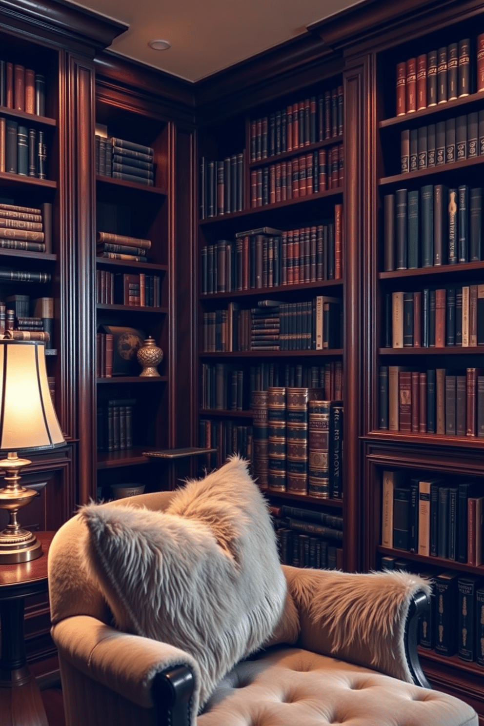 A cozy home library featuring stylish bookends that elegantly showcase a collection of vintage books. The room is adorned with rich wooden shelves, a plush reading chair, and warm ambient lighting to create an inviting atmosphere.