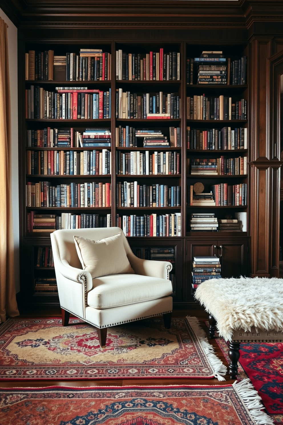 A cozy home library featuring layered rugs for added comfort. The space is adorned with a rich, dark wood bookshelf filled with an eclectic collection of books, while a plush armchair sits invitingly on top of the layered rugs.