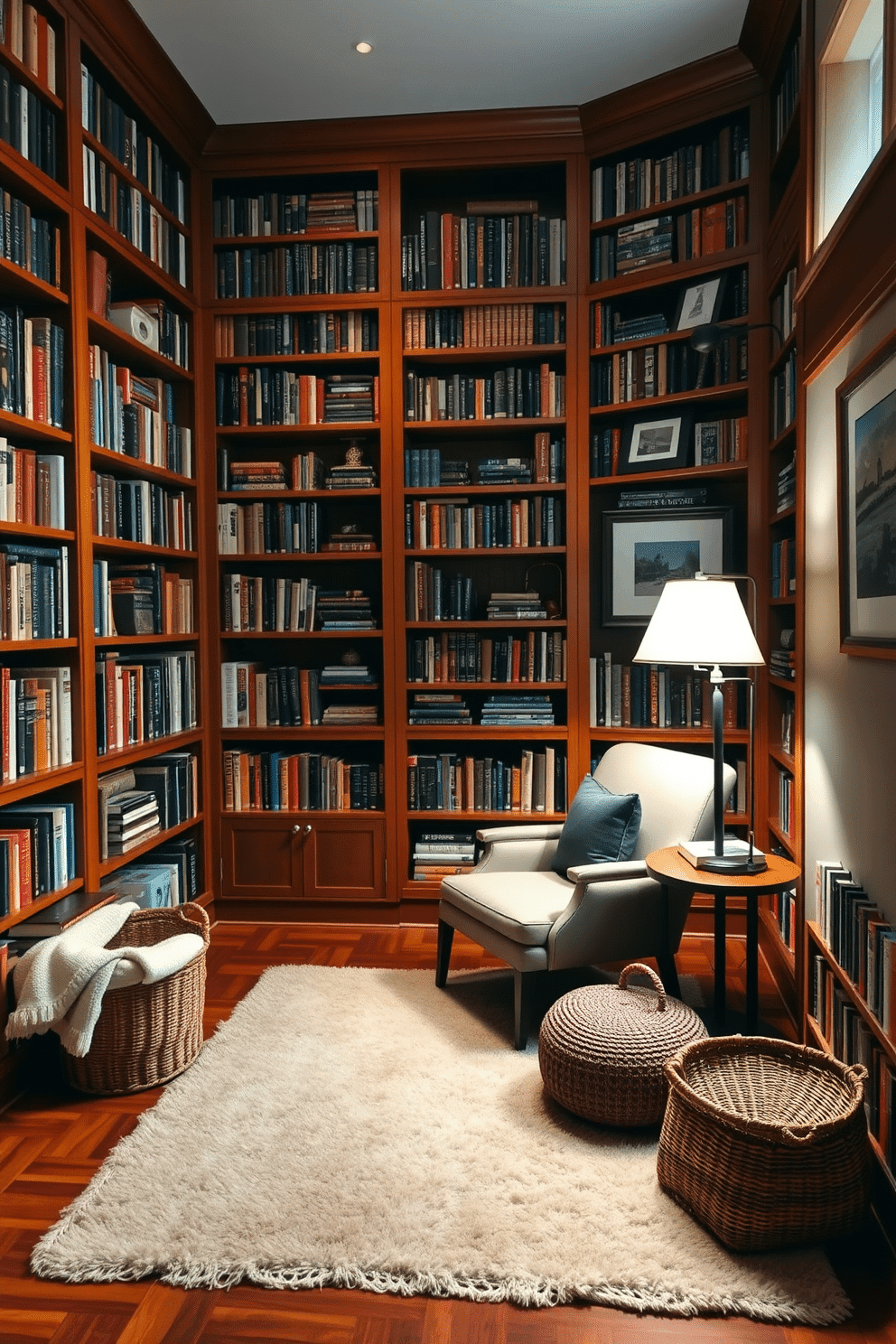 A warm and inviting home library filled with rich wooden bookshelves that stretch from floor to ceiling, showcasing an extensive collection of books. A plush area rug anchors the space, while a cozy blanket basket sits nearby, inviting relaxation and comfort. Soft, ambient lighting from a stylish floor lamp illuminates a comfortable reading chair, perfectly positioned next to a small side table. The walls are adorned with framed artwork and personal mementos, creating a personalized and inspiring atmosphere.