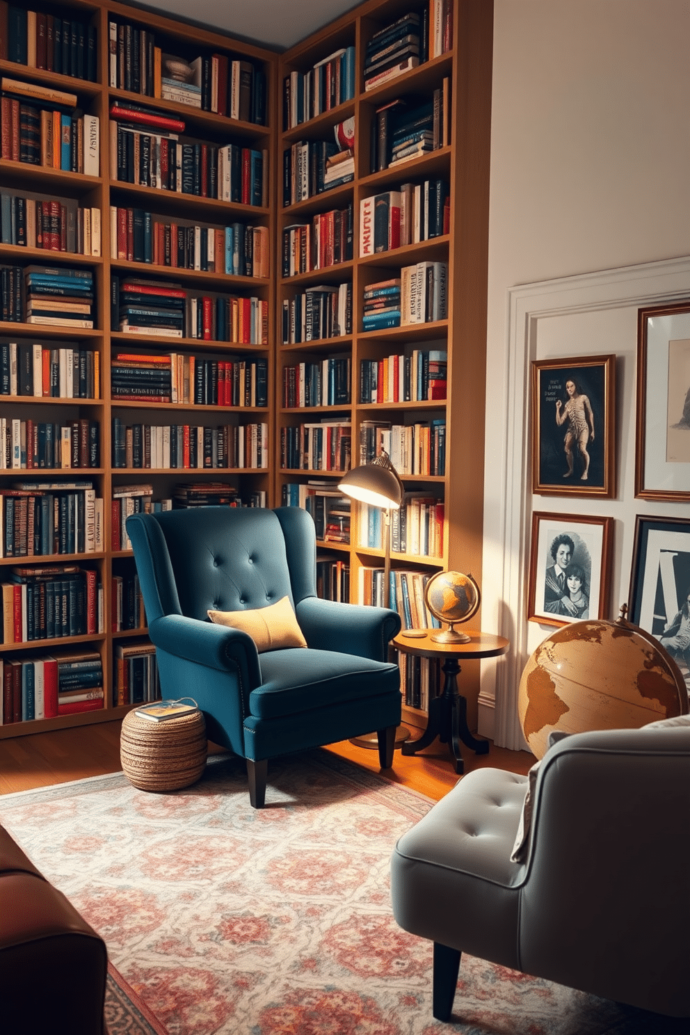 A cozy home library featuring floor-to-ceiling bookshelves filled with an eclectic mix of books and decorative items. A plush, deep blue velvet armchair sits in the corner, accompanied by a small round side table holding a steaming cup of coffee and a reading lamp with a warm glow. The walls are painted a soft cream color, creating a bright and inviting atmosphere. A large area rug with intricate patterns anchors the space, while a vintage globe and framed art pieces add personalized touches to the decor.