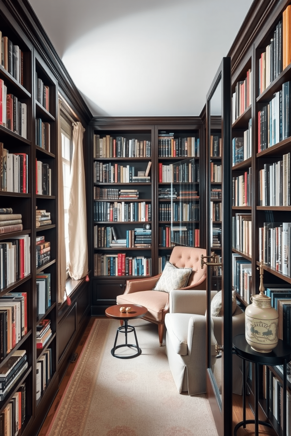 A cozy home library featuring glass doors that elegantly separate the space while keeping dust at bay. The walls are lined with dark wooden bookshelves filled with an eclectic collection of books, and a plush reading nook is nestled in the corner with a comfortable armchair and a small side table.