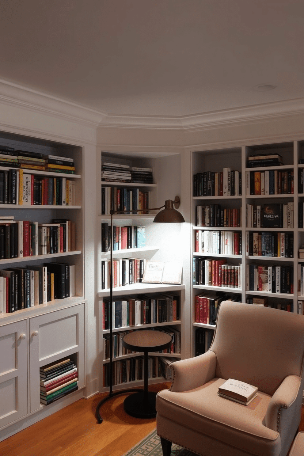 A cozy home library featuring a reading nook illuminated by a sleek, modern reading lamp with adjustable brightness. The walls are lined with custom-built bookshelves filled with an eclectic mix of books, while a plush armchair invites you to settle in with your favorite novel.