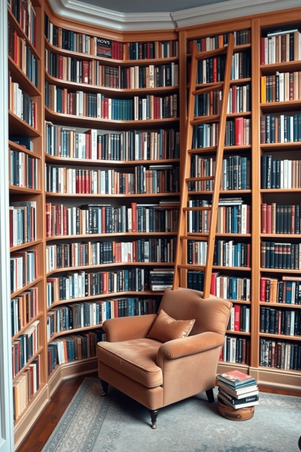 A cozy home library featuring floor-to-ceiling bookshelves filled with an extensive collection of books. A stylish wooden ladder leans against the shelves, providing access to the highest volumes, while a plush armchair sits in the corner, inviting readers to relax and enjoy their favorite stories.