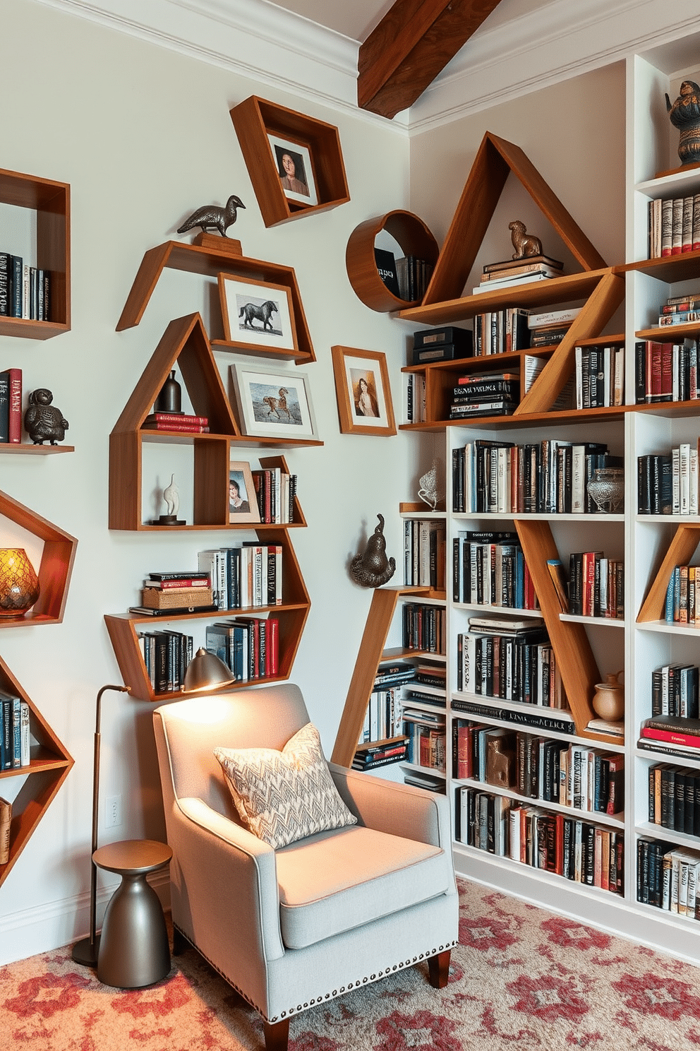 A home library featuring unique shelving shapes that inspire creativity. The walls are adorned with asymmetrical shelves in various geometric designs, showcasing a mix of books, art pieces, and decorative objects. A cozy reading nook is nestled in one corner, complete with a plush armchair and a small side table. Soft, ambient lighting highlights the eclectic shelving and creates an inviting atmosphere for relaxation and inspiration.