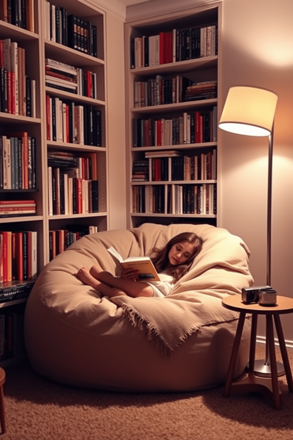 A quiet corner with a plush bean bag invites relaxation and reading. Soft, ambient lighting from a nearby floor lamp creates a warm atmosphere, perfect for diving into a good book. Surrounded by shelves filled with books, the space is enhanced by a small side table for drinks or snacks. A cozy throw blanket drapes over the bean bag, adding a touch of comfort and style.