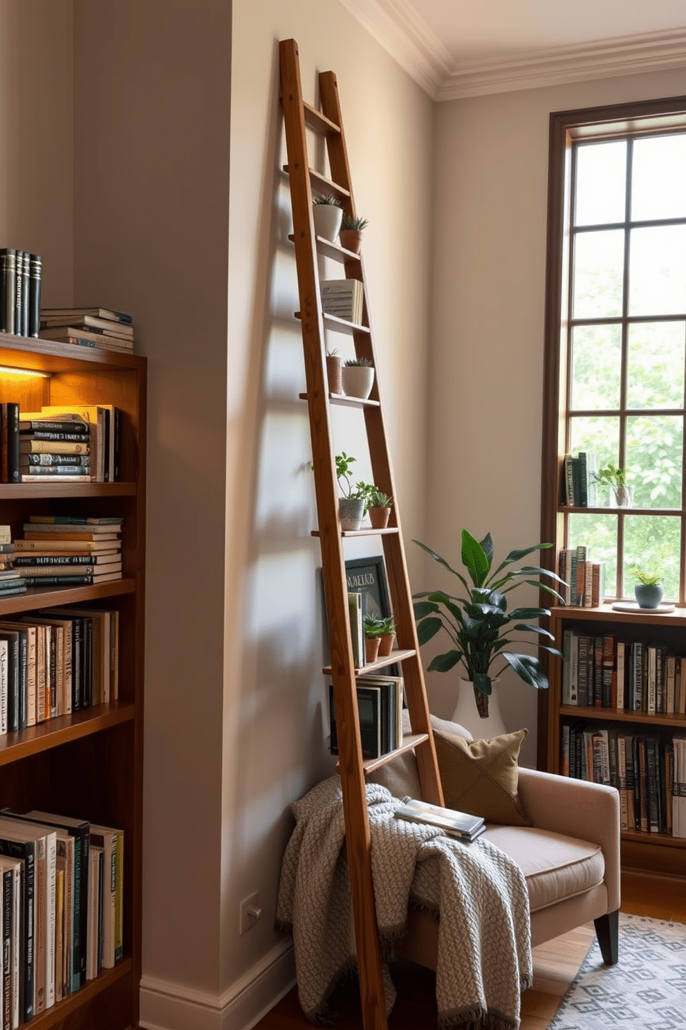 A decorative wooden ladder leans against a wall, adorned with a collection of neatly arranged books and small potted plants. The surrounding space features a cozy reading nook with a plush armchair and a soft, textured throw blanket draped over the side. Warm ambient lighting illuminates the room, creating a welcoming atmosphere that invites relaxation. Rich wooden shelves lined with an array of books complement the ladder, while a large window allows natural light to flood in, enhancing the inviting ambiance.