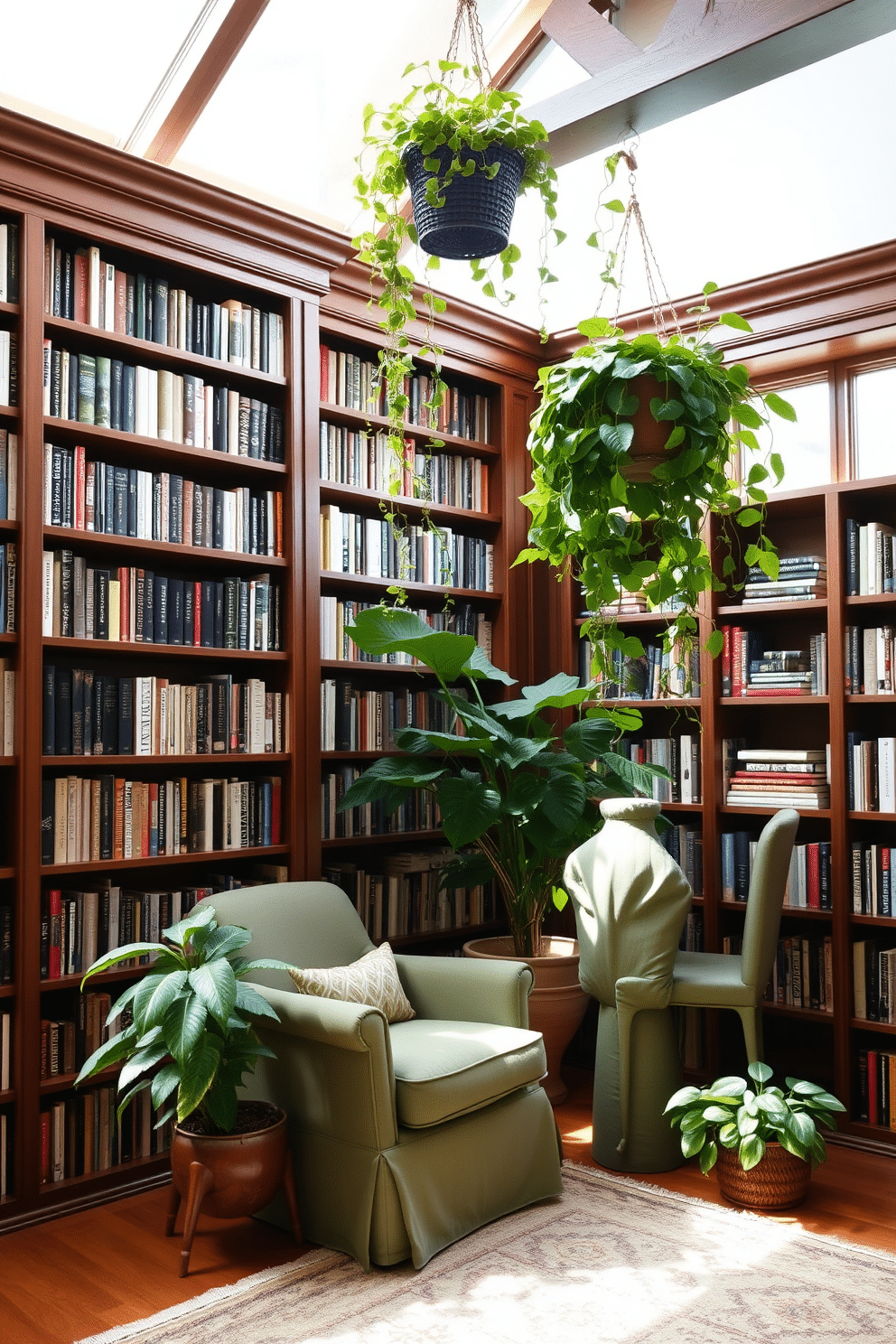 A cozy home library filled with natural light. Floor-to-ceiling bookshelves made of dark wood line the walls, while a comfortable reading nook features a plush armchair in a soft green fabric. Lush indoor plants are strategically placed throughout the space, adding a touch of freshness and color. A large potted fiddle leaf fig stands in one corner, and trailing vines cascade from a hanging planter above the reading nook.