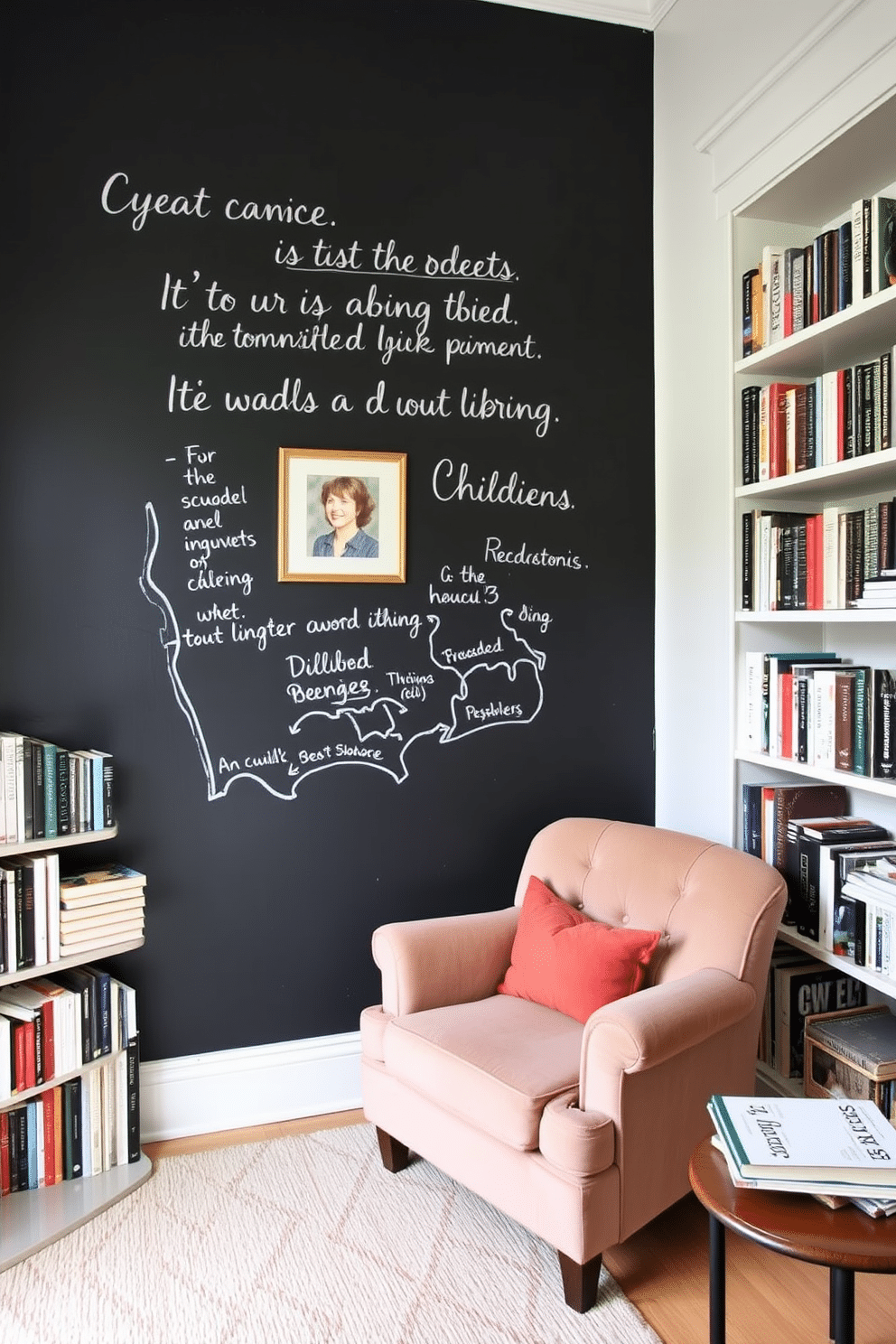 A cozy home library featuring a chalkboard wall that serves as a space for notes and inspirational quotes. The room is adorned with built-in bookshelves filled with a diverse collection of books, and a plush armchair sits in the corner, inviting readers to relax and enjoy a good book.