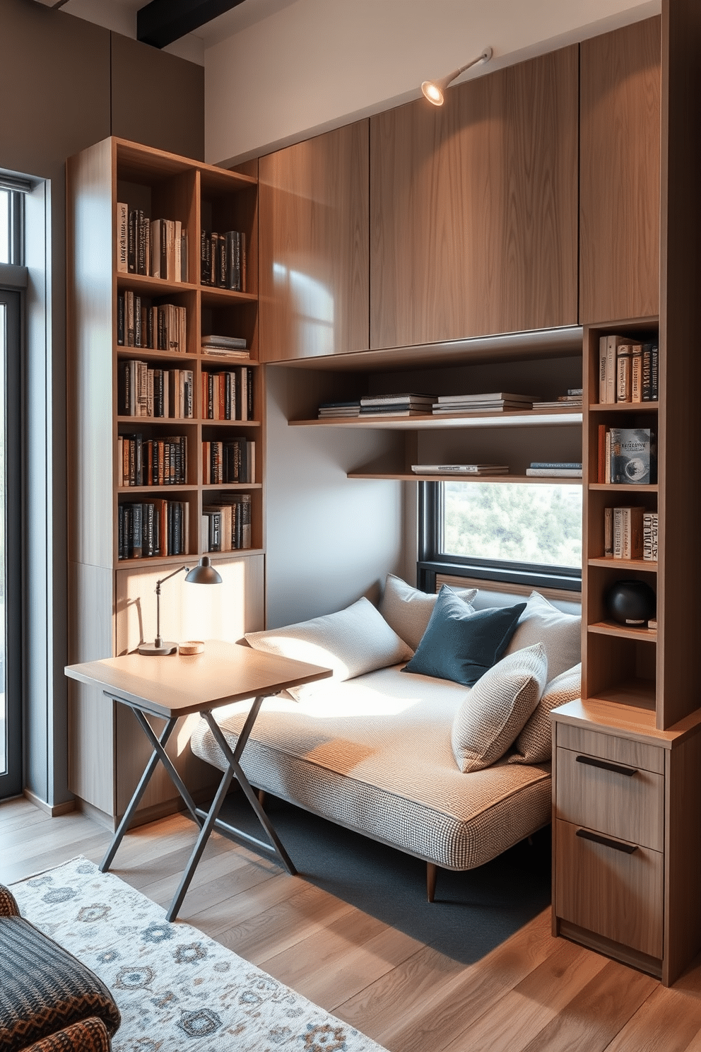 A cozy home library featuring multi-functional furniture that maximizes space. A sleek, wall-mounted bookshelf serves as both storage and a display for books and decorative items. In the center, a convertible sofa doubles as a reading nook and guest bed, adorned with plush cushions. A compact, foldable desk is positioned by a window, allowing for a bright workspace that can be tucked away when not in use.