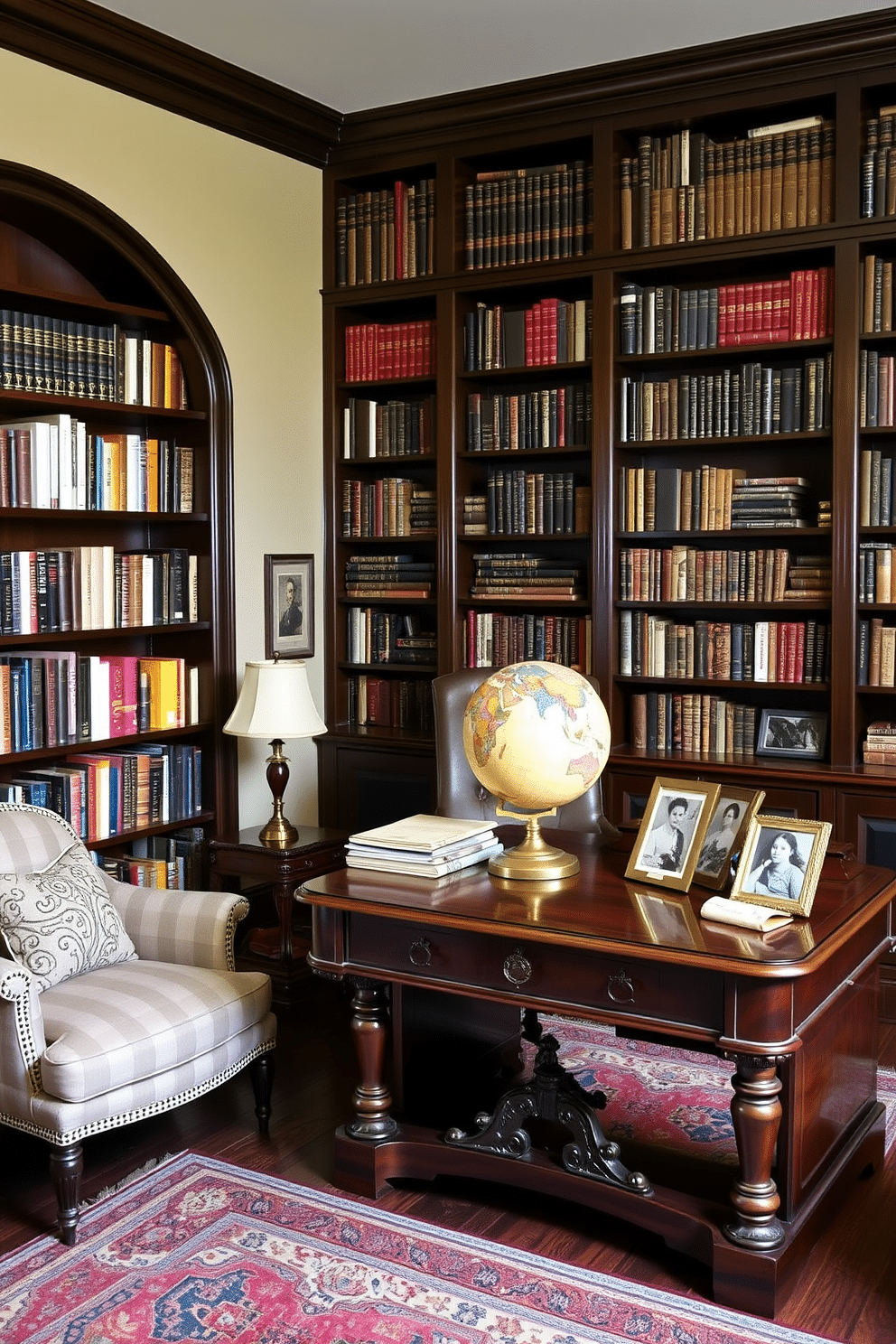 A cozy home library featuring a vintage globe as a decor piece. The walls are lined with dark wooden bookshelves filled with an array of books, while a plush armchair sits in the corner, inviting relaxation. A large, ornate wooden desk occupies the center of the room, adorned with a classic brass lamp. The vintage globe rests on a side table, surrounded by framed photographs and a rich, patterned rug that adds warmth to the space.