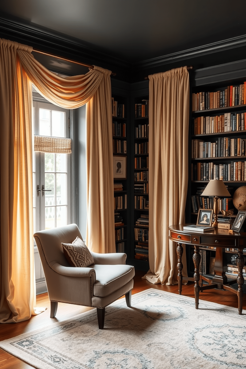 A cozy home library featuring soft, flowing curtains that filter natural light, creating a warm and inviting atmosphere. The room is lined with built-in bookshelves filled with an eclectic mix of books, while a plush armchair sits in the corner, perfect for reading. A rich wooden desk is positioned near a window, adorned with a vintage lamp and personal mementos. The walls are painted in a deep, calming hue, complemented by a soft area rug that adds comfort underfoot.