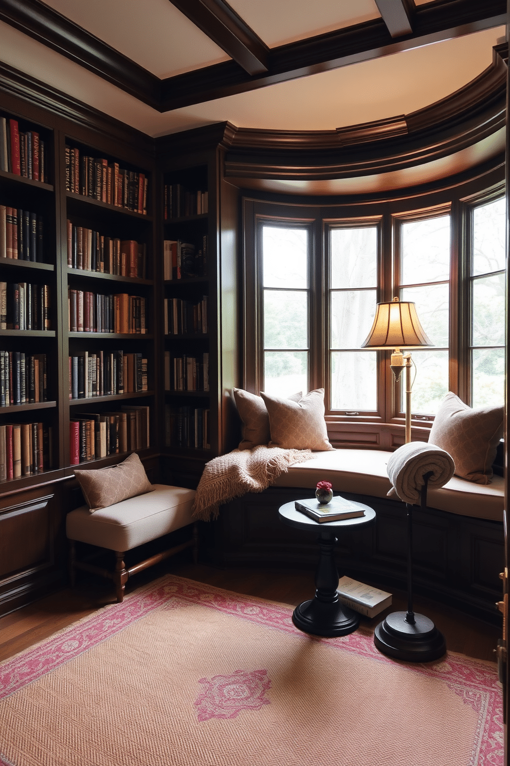 A cozy home library featuring a bay window with built-in seating, adorned with plush cushions and a soft throw blanket. The walls are lined with dark wooden bookshelves filled with an array of books, while a warm, inviting rug anchors the space beneath a vintage reading lamp.