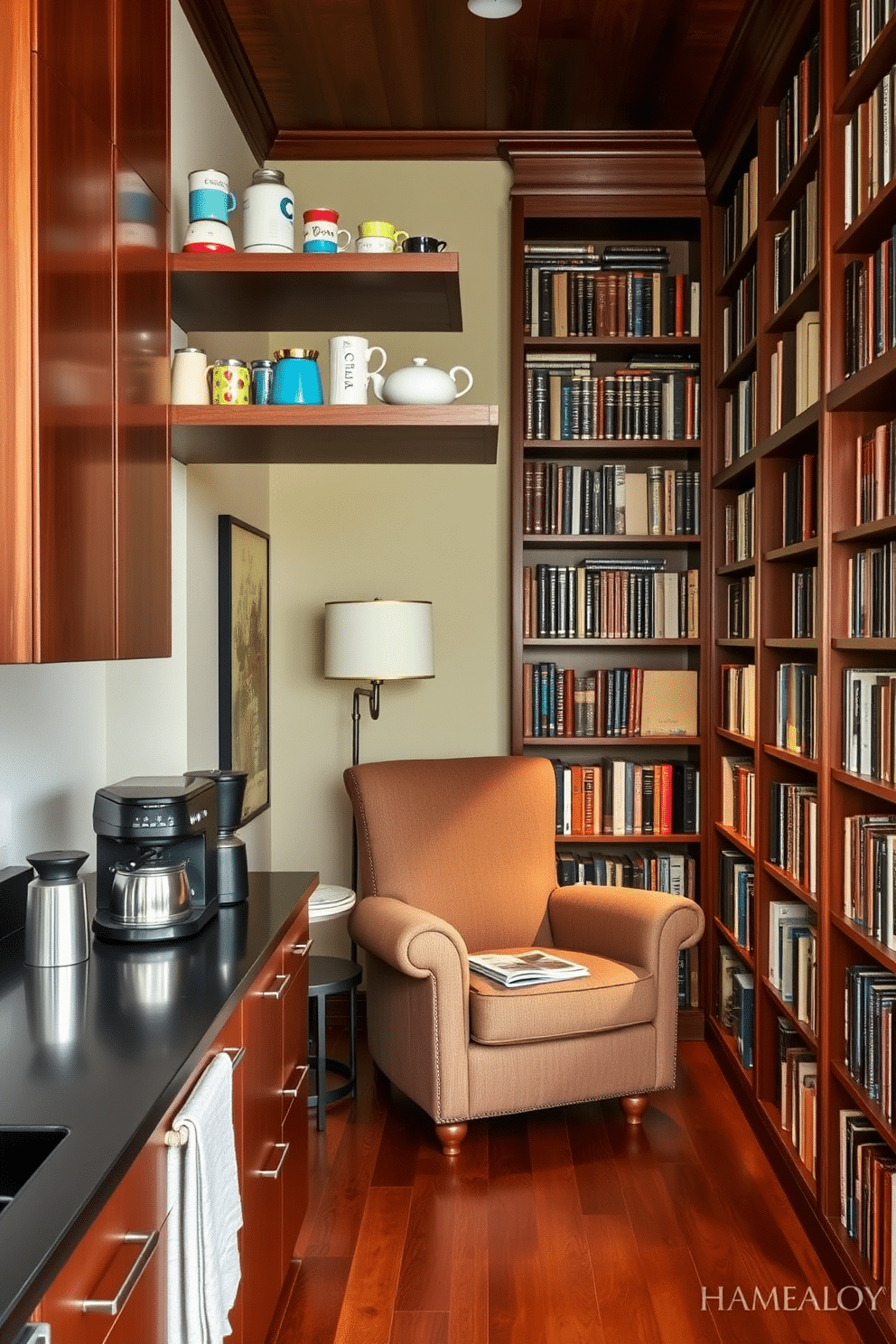 A cozy coffee station nestled in a corner of the kitchen. It features a sleek, dark wood countertop with an espresso machine, a vintage coffee grinder, and an array of colorful coffee mugs displayed on a floating shelf above. A warm home library filled with rich mahogany bookshelves that reach the ceiling. A plush, oversized armchair sits in the center, accompanied by a small side table and a reading lamp, creating an inviting nook for book lovers.