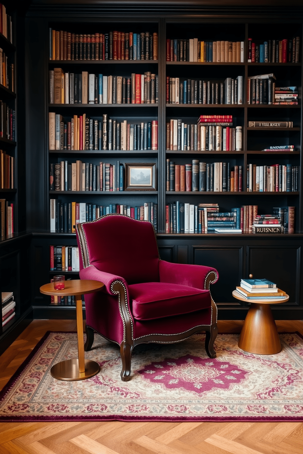 A cozy home library featuring a vintage armchair upholstered in rich burgundy fabric, positioned next to a sleek wooden side table. The walls are lined with dark wood bookshelves filled with an array of books, and a warm, inviting rug is placed underfoot to enhance the comfort of the space.