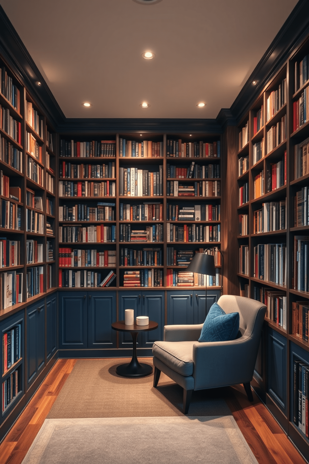 A cozy home library with mood lighting options that can be dimmed to create a warm atmosphere. The room features floor-to-ceiling bookshelves filled with a diverse collection of books, complemented by a plush reading chair and a small side table. Soft, recessed lighting illuminates the space, while a stylish floor lamp in the corner provides additional light for reading. Rich wooden accents and a deep blue color palette enhance the inviting and sophisticated ambiance of the library.