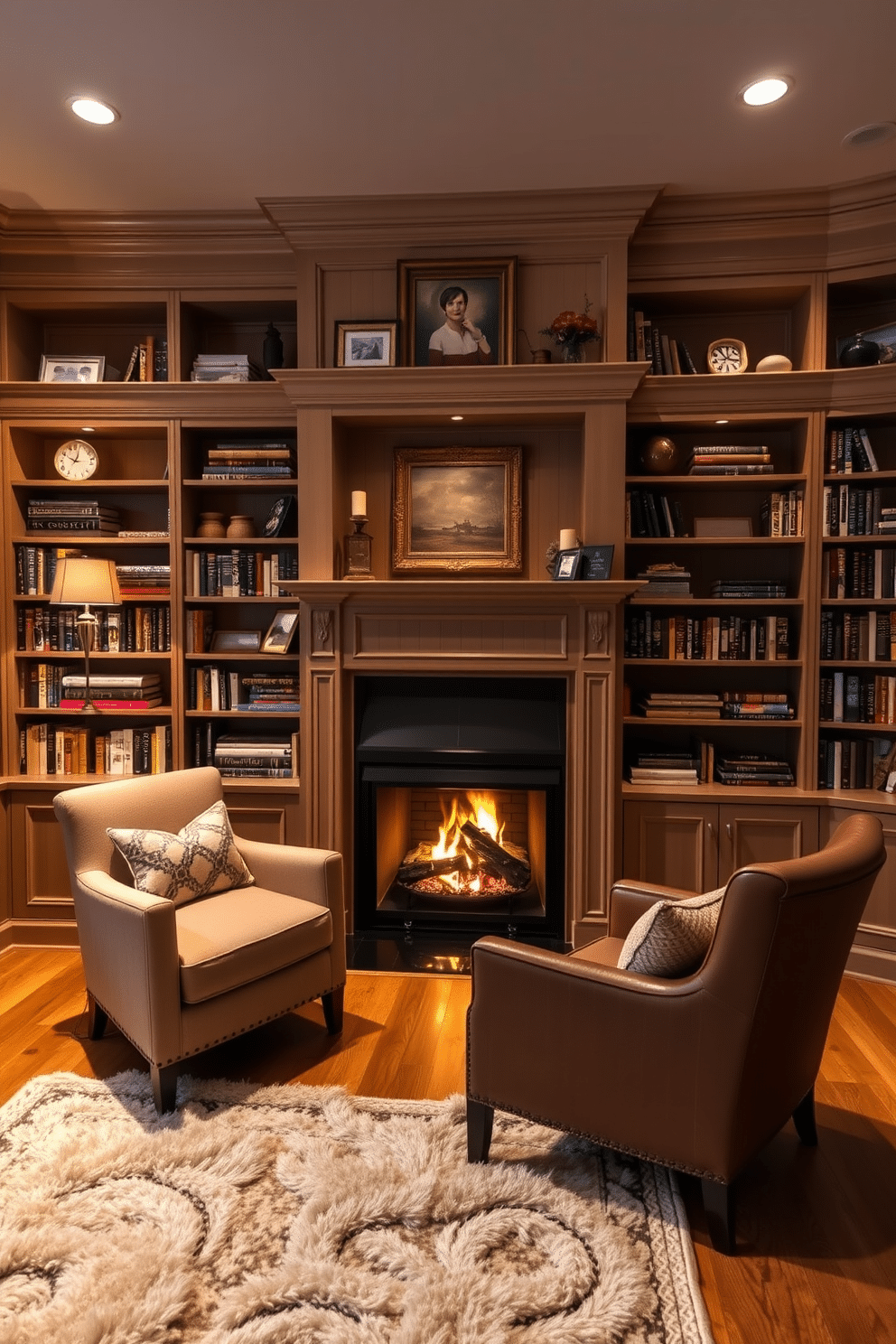 A cozy home library features built-in shelving that wraps around a central fireplace, creating an inviting focal point. The shelves are filled with an array of books, decorative objects, and personal mementos, while a comfortable armchair sits nearby, perfect for curling up with a good read. The fireplace is framed with elegant molding, and a warm, ambient glow emanates from the flames, enhancing the library's inviting atmosphere. Soft, plush rugs cover the hardwood floor, and warm lighting fixtures highlight the shelves, adding to the overall charm of the space.