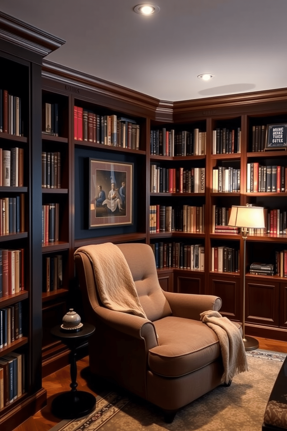 A cozy home library featuring built-in wooden bookshelves that reach from floor to ceiling, filled with an extensive collection of books. A plush, oversized armchair sits in the corner, accompanied by a small side table and a warm throw blanket draped over the armrest. The walls are painted in a rich navy blue, creating a dramatic backdrop for the room. Soft, ambient lighting comes from a combination of recessed ceiling lights and a stylish floor lamp, casting a warm glow throughout the space.