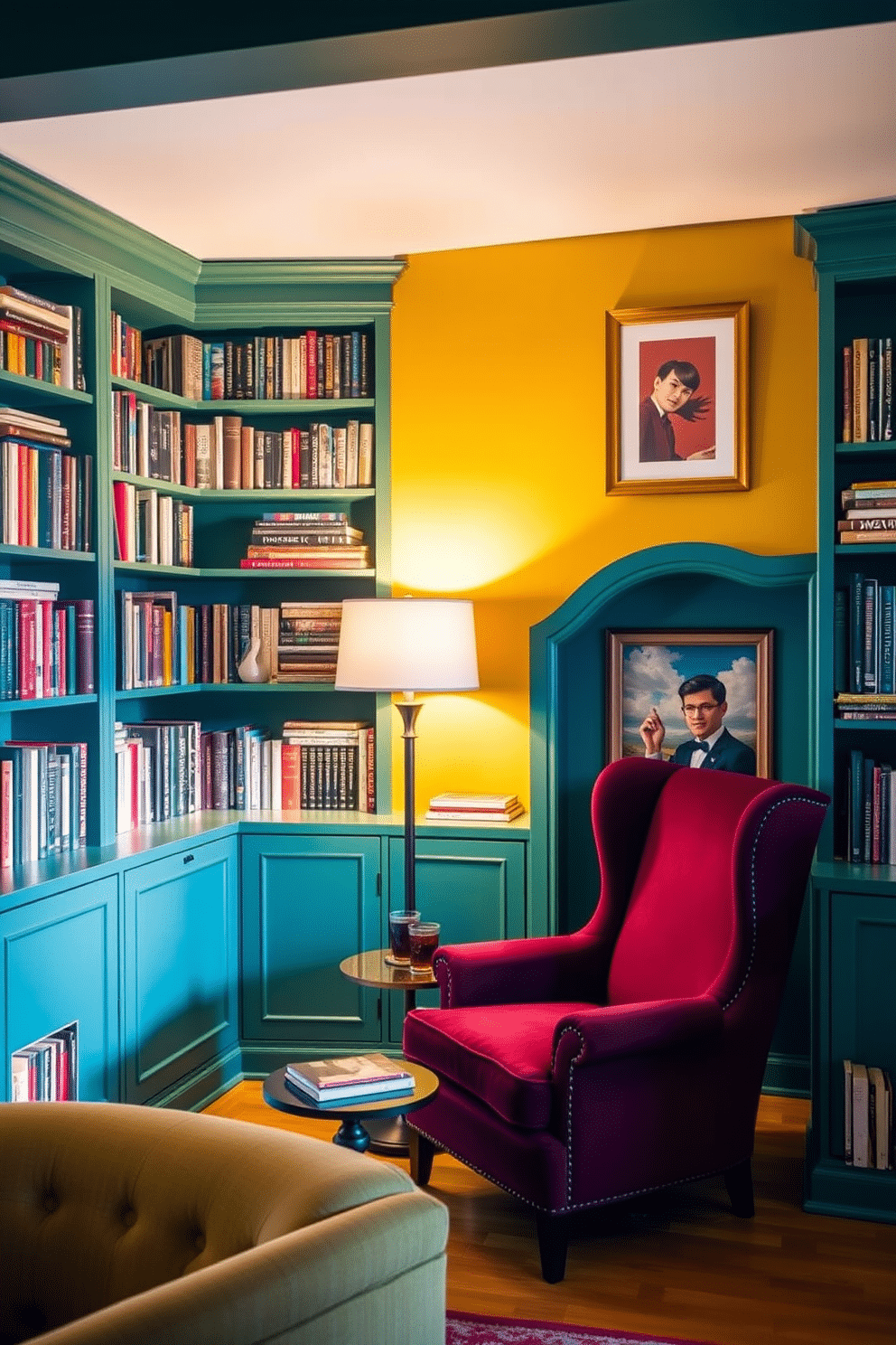 A cozy home library featuring colorful accent walls that create a vibrant atmosphere. The walls are painted in a rich teal, with one wall showcasing a bold mustard yellow as a focal point, adorned with built-in bookshelves filled with an eclectic collection of books. In the center, a plush reading nook with a deep burgundy armchair invites relaxation, complemented by a small round table for drinks. Warm lighting from a stylish floor lamp casts a soft glow, enhancing the inviting ambiance of this creative space.