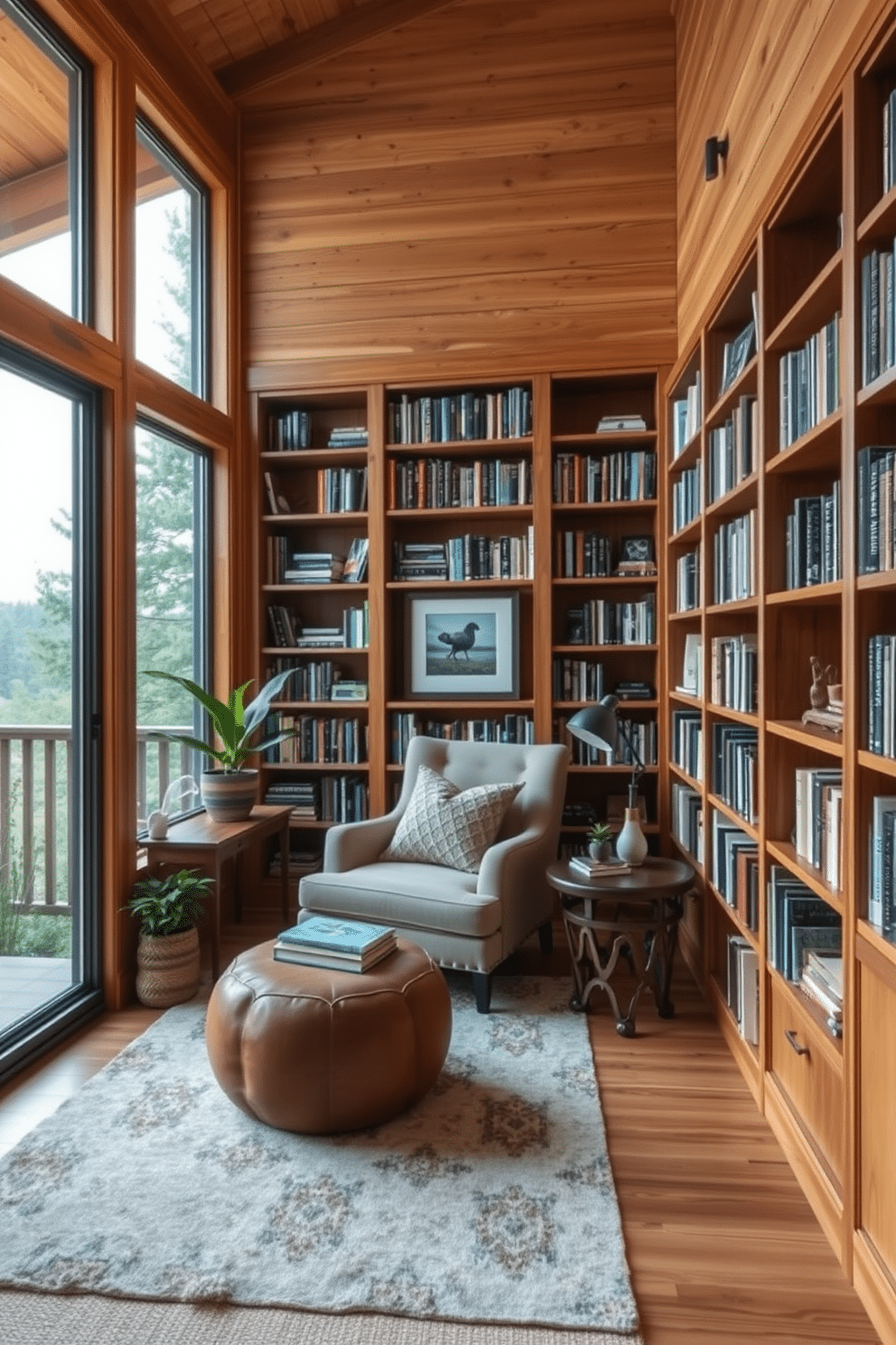 A cozy home library featuring natural wood finishes creates a warm and inviting atmosphere. The walls are lined with built-in wooden bookshelves filled with a curated collection of books, complemented by a plush reading nook with a comfortable armchair and a small side table. Large windows allow natural light to flood the space, highlighting the rich textures of the wood. A soft area rug anchors the seating area, while decorative items and plants add a personal touch to the rustic design.