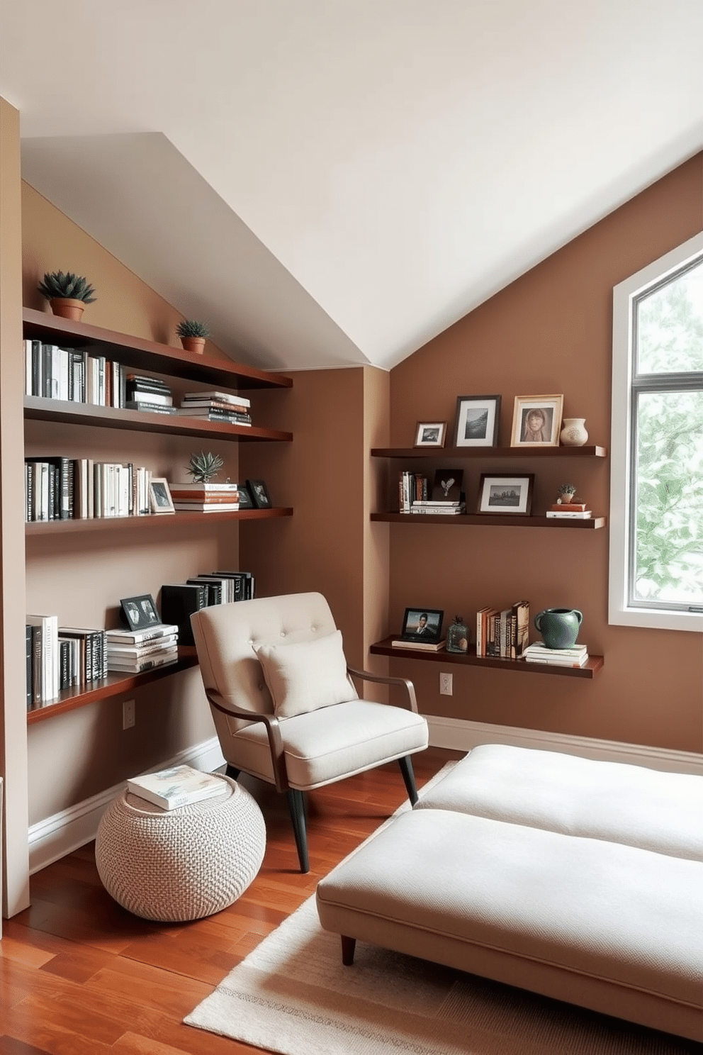 A cozy home library featuring floating shelves that elegantly display a curated collection of books and decorative items. The walls are painted in a warm taupe, and a comfortable reading nook with a plush armchair sits beneath a large window, inviting natural light into the space. The floating shelves are made of dark wood, contrasting beautifully with the light walls, and are adorned with small potted plants and framed photographs. A soft area rug in muted tones anchors the seating area, creating a perfect spot for relaxation and inspiration.