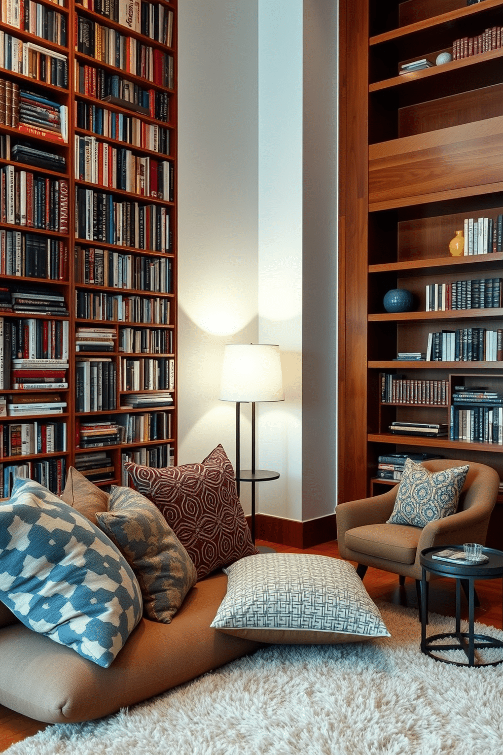 A cozy reading corner features oversized cushions in various patterns, inviting you to sink in and relax. A tall bookshelf filled with an eclectic mix of books lines the wall, while a soft floor lamp casts a warm glow over the space. The home library design showcases rich wooden shelves that reach from floor to ceiling, creating a stunning backdrop for your literary collection. A plush area rug anchors the seating area, which includes a comfortable armchair and a small side table for your favorite beverage.