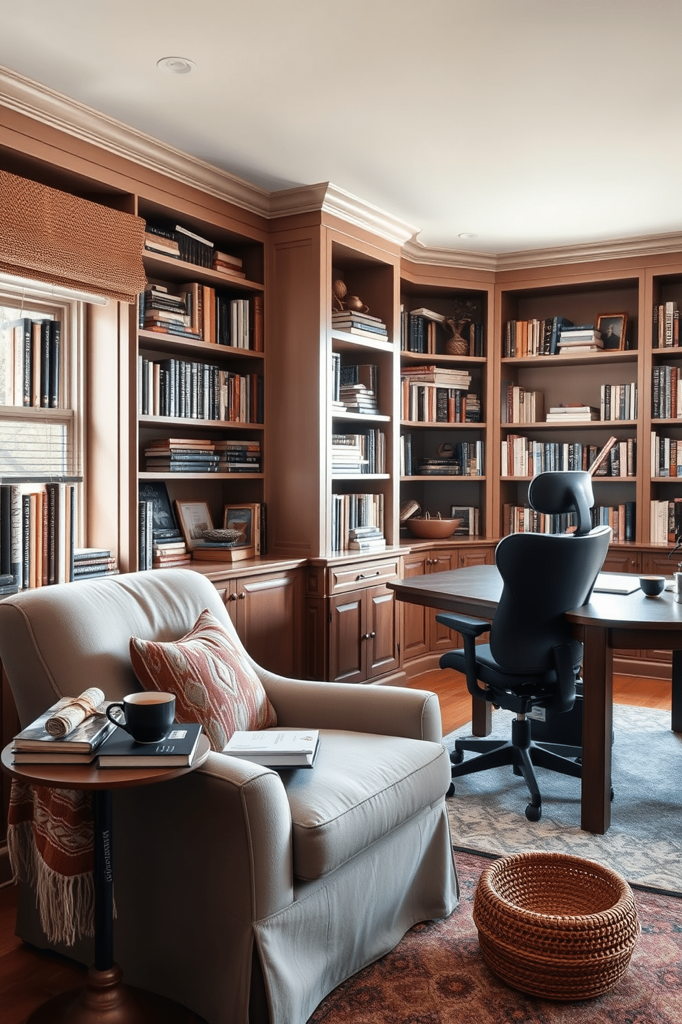 A cozy reading nook by the window features a plush armchair upholstered in soft, muted fabric, positioned to capture natural light. A small side table holds a steaming cup of tea and a stack of well-loved books, while a handwoven throw drapes casually over the arm of the chair. The home library study is designed with built-in bookshelves that stretch from floor to ceiling, filled with an eclectic mix of books and decorative objects. A large wooden desk sits in the center, accompanied by a comfortable ergonomic chair, creating an inviting atmosphere for productivity and relaxation.