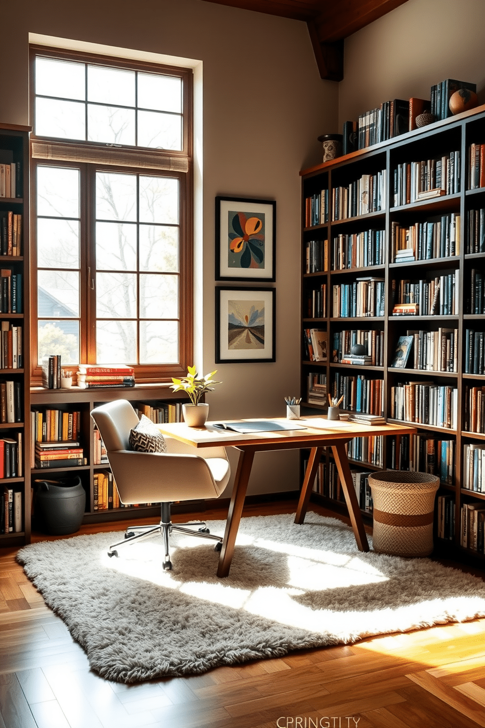 A cozy home library study filled with personalized artwork that inspires creativity. The walls are lined with bookshelves, showcasing an array of colorful books, while a large window allows natural light to flood the space. In the center, a comfortable reading chair is paired with a sleek wooden desk, adorned with art supplies and a small potted plant. The floor is covered with a plush area rug, adding warmth to the room, and framed artwork hangs above the desk, sparking inspiration.