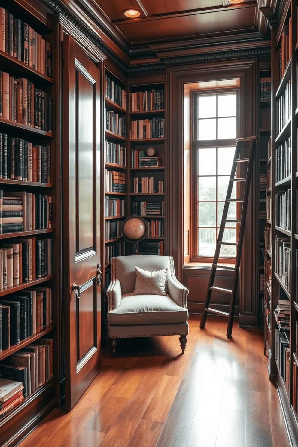 A secret door bookshelf leads to a hidden home library, blending seamlessly with the surrounding shelves filled with books. The room features rich mahogany wood, with a cozy reading nook adorned with a plush armchair and soft lighting for a warm ambiance. The library is designed with floor-to-ceiling bookshelves, showcasing a mix of classic literature and modern titles. A vintage globe and a stylish ladder add character, while a large window allows natural light to illuminate the space.