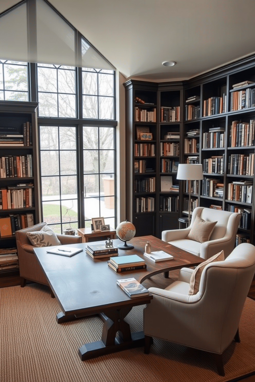 A cozy home library bathed in natural light from large, floor-to-ceiling windows. The space features dark wood bookshelves filled with an eclectic collection of books, complemented by a plush, oversized armchair and a sleek reading lamp. A large, rustic wooden desk sits in the center, adorned with stylish stationery and a vintage globe. Soft, neutral tones on the walls create a warm atmosphere, while a woven rug adds texture underfoot.