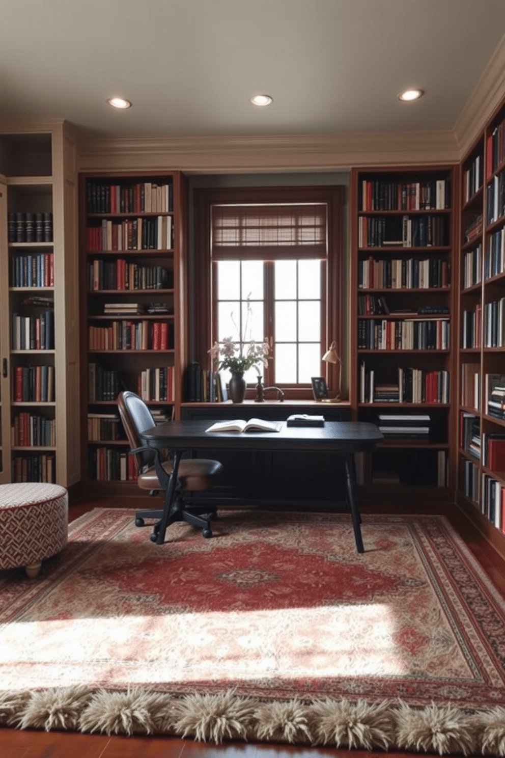 A cozy home library study featuring a plush area rug that defines the reading zone, creating an inviting atmosphere. The rug is adorned with intricate patterns in warm tones, complementing the rich wooden bookshelves lined with a variety of books.