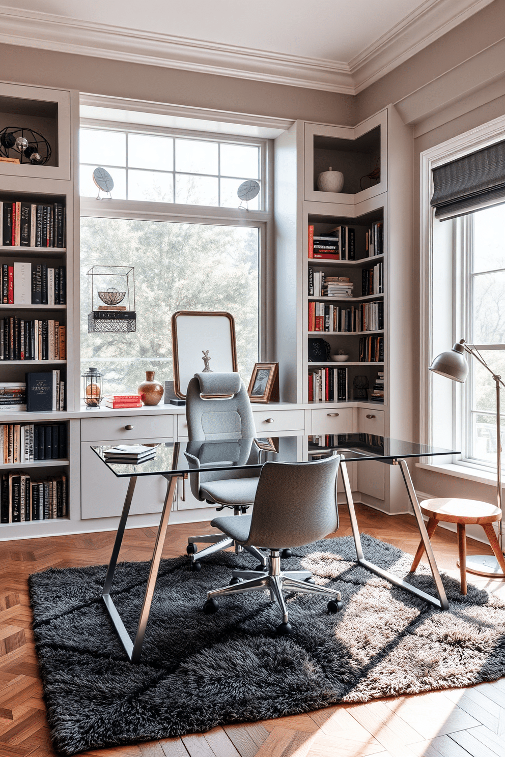 A sleek desk with a glass top and minimalist metal legs sits in the center of a modern workspace. Behind it, a large window allows natural light to flood the room, complemented by a stylish ergonomic chair in a soft gray fabric. The walls are lined with built-in shelves filled with books and decorative items, creating a cozy home library ambiance. A plush area rug underfoot adds warmth, while a small reading nook with a comfortable armchair and a floor lamp invites relaxation.