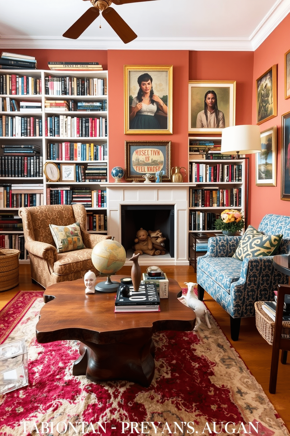 An eclectic home library study features a mix of vintage and modern furnishings, with a large, comfortable armchair upholstered in a bold patterned fabric. Shelves filled with an array of books line the walls, while a quirky coffee table made from reclaimed wood sits in the center, adorned with eclectic decor items like a globe and unique sculptures. The walls are painted in a warm, inviting color, accented by artwork that reflects a variety of styles and cultures. A plush area rug with vibrant colors anchors the space, and a stylish floor lamp provides warm lighting for reading and studying.