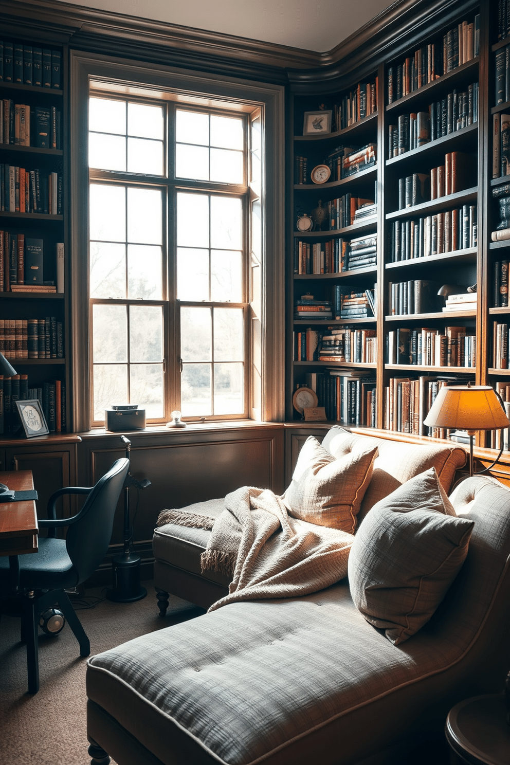 A comfortable chaise lounge upholstered in soft, textured fabric is positioned near a large window, allowing natural light to flood the space. The lounge is adorned with plush throw pillows and a cozy blanket, creating an inviting atmosphere for relaxation. The home library features built-in bookshelves that reach the ceiling, filled with an eclectic collection of books and decorative objects. A rich wood desk sits in the corner, complemented by a stylish reading lamp and a comfortable chair, making it the perfect study area for focused work or reading.