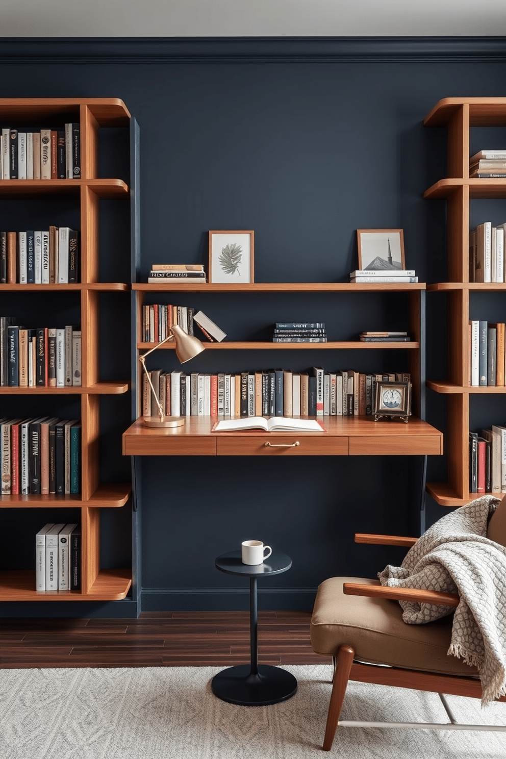 A modern home library featuring a wall-mounted desk that seamlessly integrates into the shelving unit. The desk is adorned with sleek stationery and a stylish desk lamp, while the surrounding shelves are filled with neatly organized books and decorative items. The walls are painted in a calming navy blue, providing a rich backdrop for the warm wooden tones of the desk and shelves. A plush reading chair is positioned nearby, complemented by a small side table holding a cup of coffee and a cozy throw blanket.