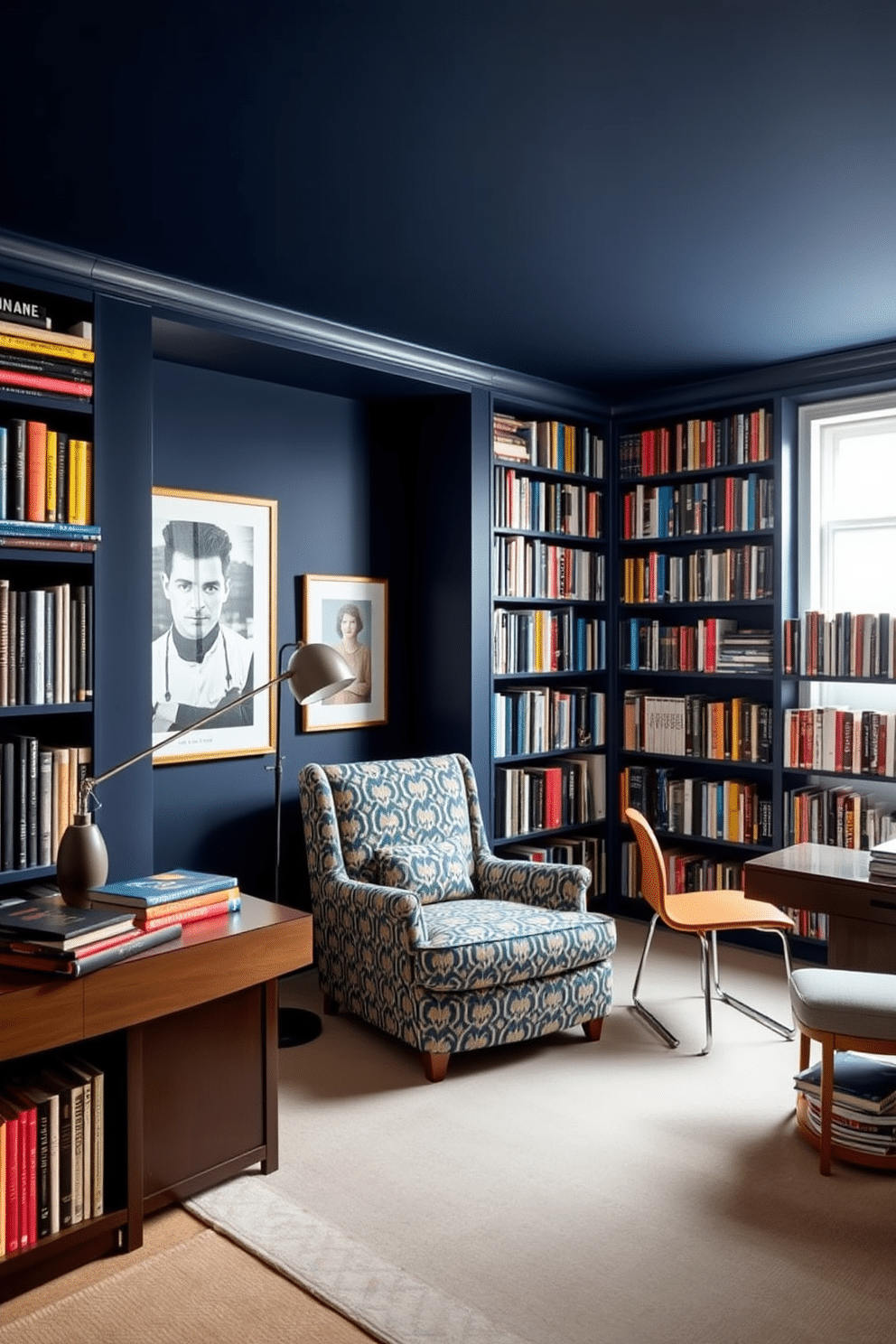 A vibrant home library filled with colorful book spines lining the shelves creates a lively atmosphere. The walls are painted in a deep navy blue, enhancing the richness of the book colors and providing a cozy backdrop. A large, plush armchair in a bold pattern sits in the corner, inviting readers to get lost in their favorite novels. A sleek wooden desk with a modern lamp is positioned near a window, allowing natural light to illuminate the space.