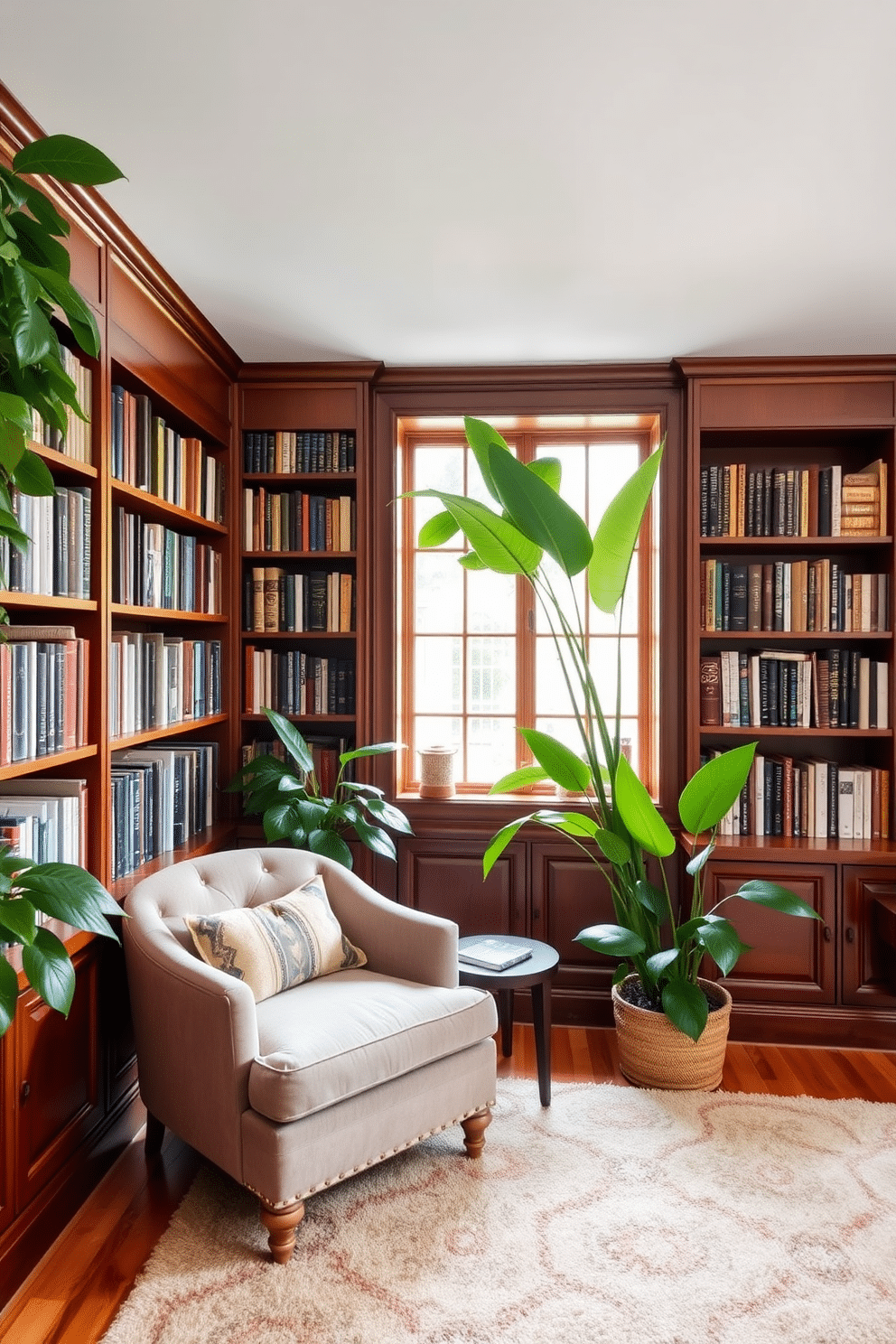 A cozy home library features rich wooden bookshelves filled with an array of books, creating an inviting atmosphere. A plush armchair is nestled in the corner, accompanied by a small side table, while a large window allows natural light to flood the space. Lush green plants are strategically placed throughout the room, adding a fresh and vibrant touch. A soft area rug anchors the seating area, providing warmth and comfort to this serene study environment.