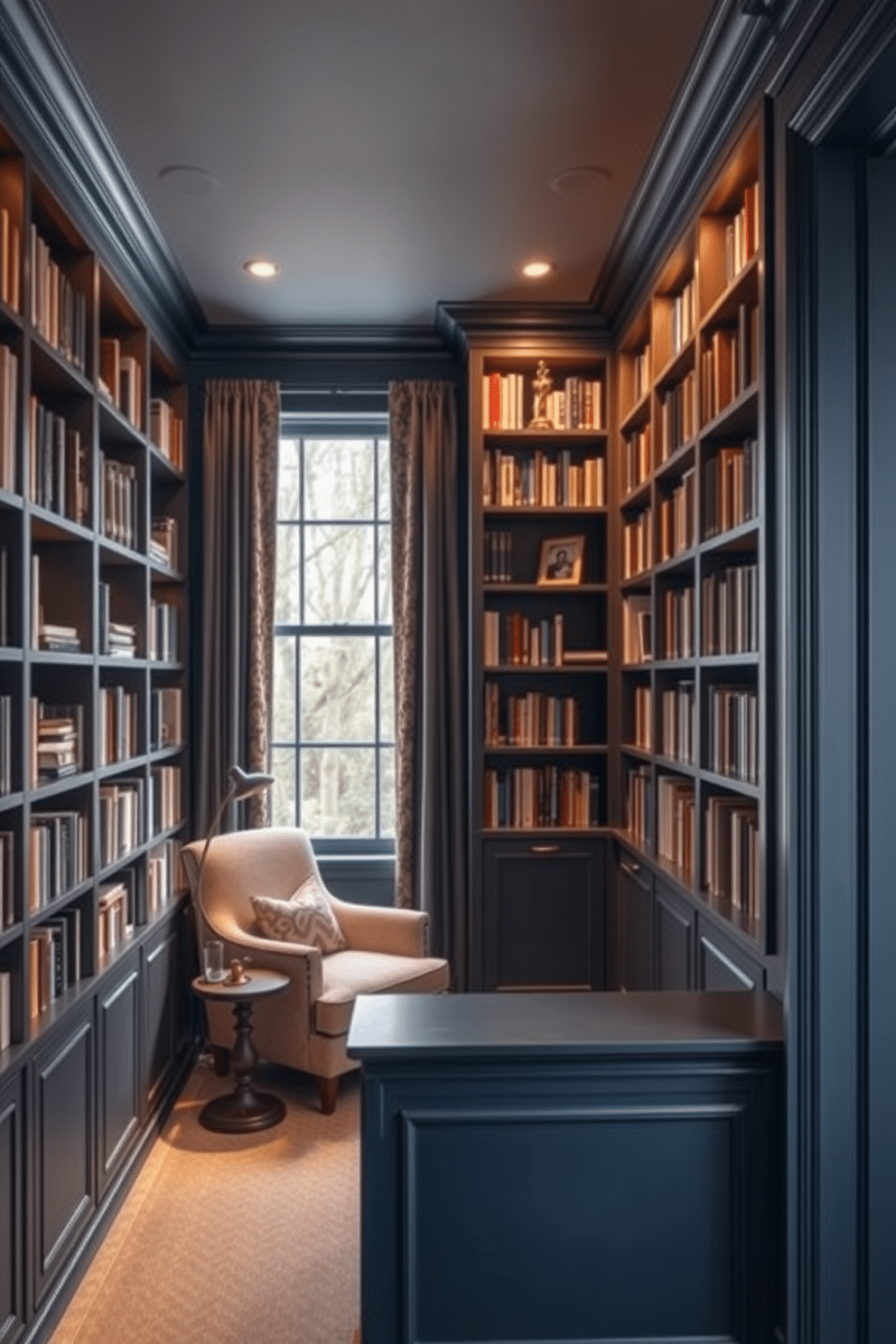 A cozy home library featuring built-in bookshelves that stretch from floor to ceiling, showcasing a variety of books and decorative items. A comfortable reading nook is nestled beside the shelves, complete with a plush armchair and a small side table, illuminated by soft, warm lighting. The walls are painted in a rich, deep blue hue, creating a calming atmosphere conducive to reading and studying. A large window allows natural light to filter in, adorned with elegant curtains that complement the overall color scheme.