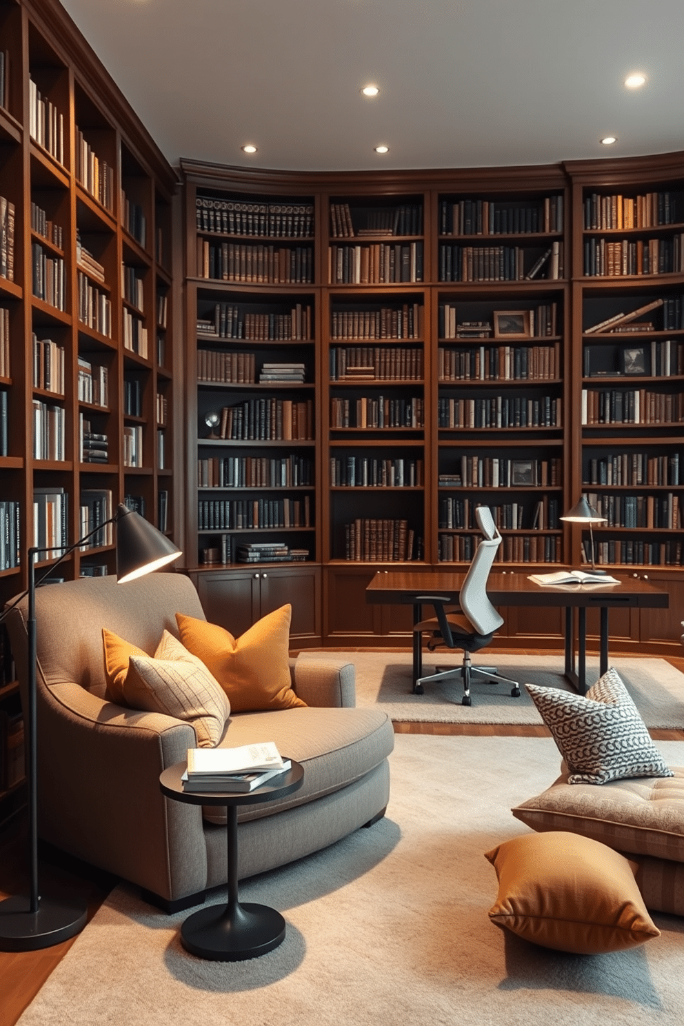 A cozy reading corner featuring an oversized armchair upholstered in soft, textured fabric, surrounded by an array of plush cushions in varying sizes and colors. A small, round side table holds a steaming cup of tea and a stack of books, while a floor lamp with a warm glow illuminates the space. The home library is designed with rich wooden bookshelves that stretch from floor to ceiling, filled with an extensive collection of books. A large, inviting desk sits in the center, adorned with stylish stationery and a comfortable ergonomic chair, creating an ideal study environment.