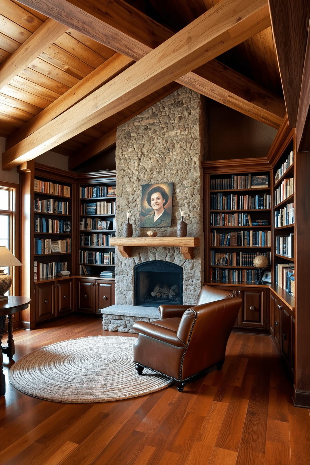 A cozy home library featuring rustic elements. Exposed wooden beams line the ceiling, and a large stone fireplace serves as the focal point of the room. Rich, dark wood bookshelves filled with an array of books line the walls, complemented by a comfortable leather armchair in the corner. A woven area rug adds warmth to the hardwood floor, while soft, ambient lighting creates an inviting atmosphere.