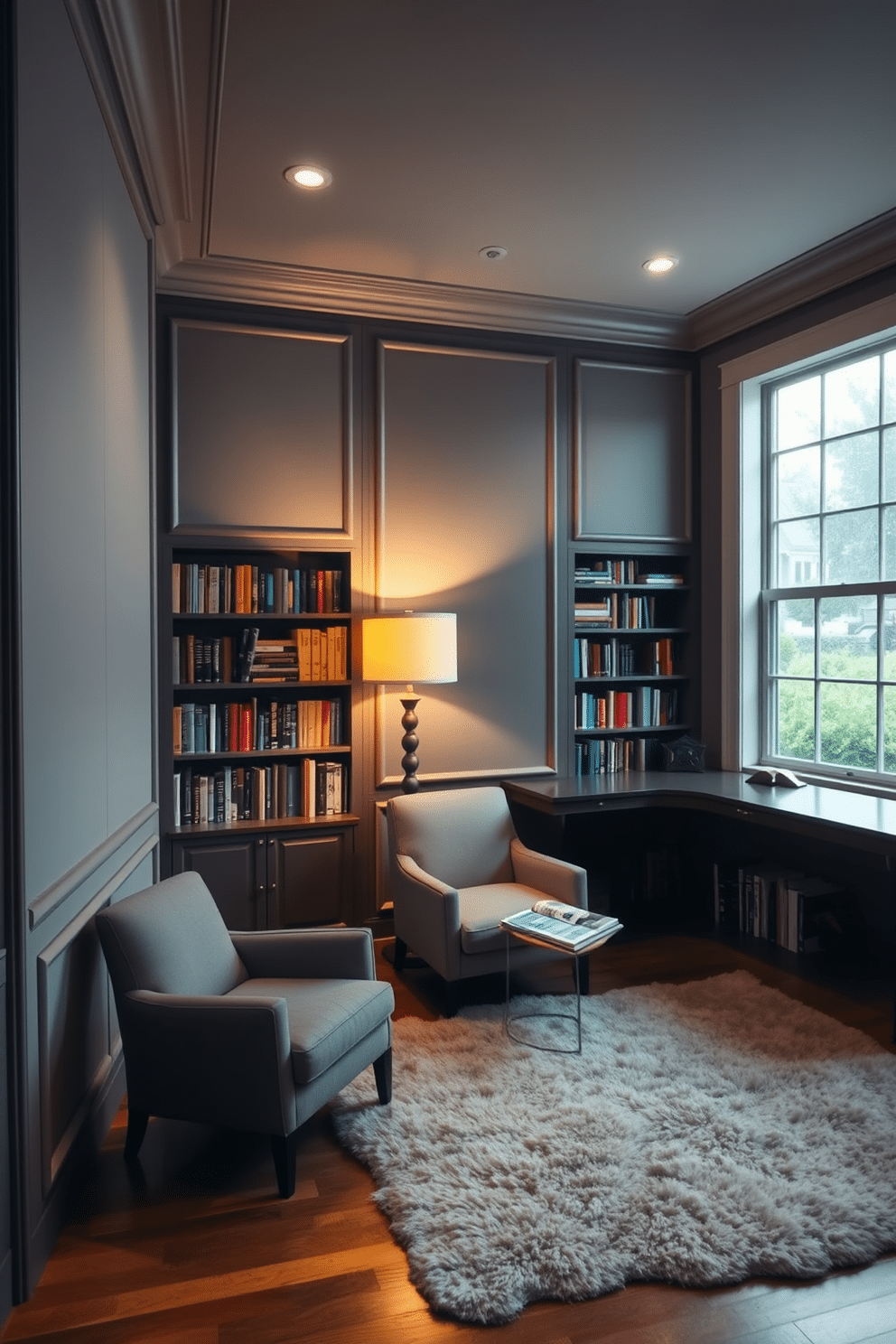 A serene study area designed for soundproofing features thick, acoustic wall panels in a soft gray hue, creating a tranquil atmosphere. The room includes a large, dark wood desk positioned against a window, surrounded by built-in bookshelves filled with an array of books. In the corner, a comfortable armchair upholstered in a muted fabric invites relaxation and reading. A stylish floor lamp with a warm glow stands beside it, while a plush area rug adds warmth to the hardwood floor.